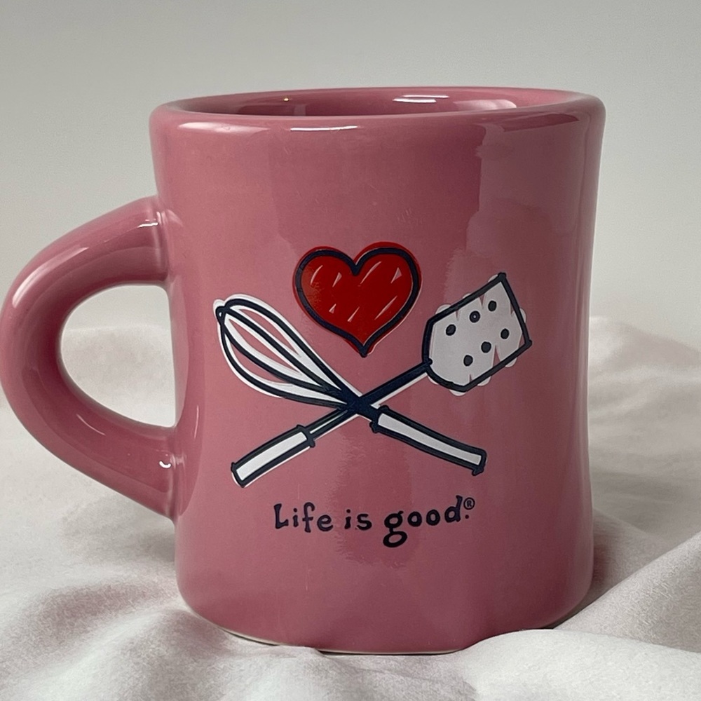 LIFE IS GOOD Diner Coffee Mug Heart Cook In Peony Pink EUC